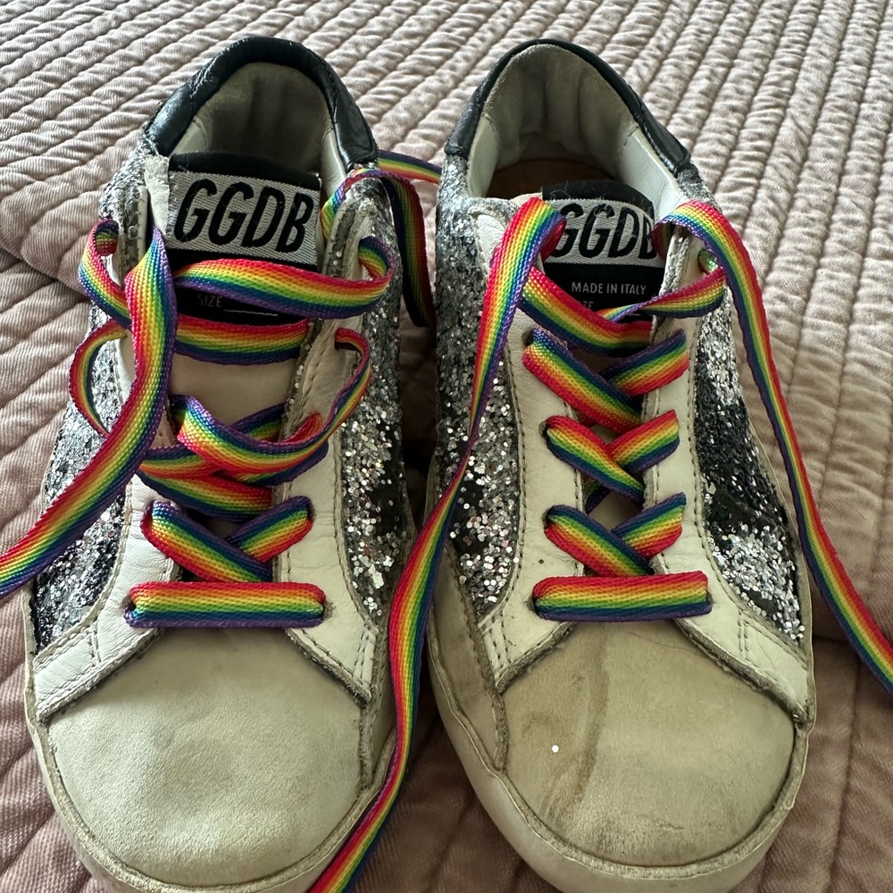 Golden Goose Kids Silver Glitter Sneakers with Rainbow Laces